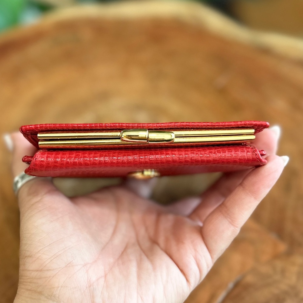 Vintage Christian Dior Red Leather Trifold Wallet Gold Medallion Paris - Picture 7 of 10